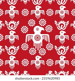 Aztec geometric background with fantastic human figures, head-masks, birds. Ethnic seamless pattern. Stylish Navajo design. Modern abstract wallpaper. Vector illustration
