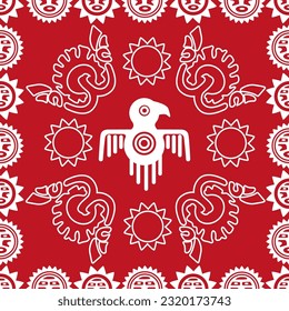 Aztec geometric background with fantastic human figures, head-masks, birds. Ethnic seamless pattern. Stylish Navajo design. Modern abstract wallpaper. Vector illustration
