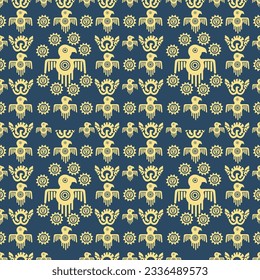 Aztec geometric background with fantastic human figures, head-masks, birds. Ethnic seamless pattern. Stylish Navajo design. Modern abstract wallpaper. Vector illustration

