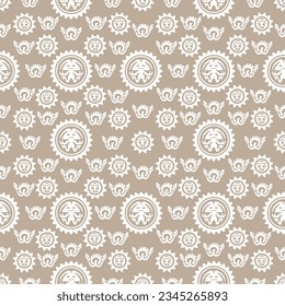 Aztec geometric background with fantastic human figures, head-masks, birds. Ethnic seamless pattern. Stylish Navajo design. Modern abstract wallpaper.