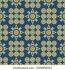 Aztec geometric background with fantastic human figures, head-masks, birds. Ethnic seamless pattern. Stylish Navajo design. Modern abstract wallpaper.