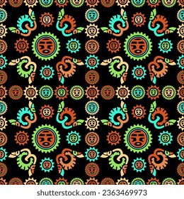 Aztec geometric background with fantastic human figures, head-masks, birds. Ethnic seamless pattern. Stylish Navajo design. Modern abstract wallpaper. Vector illustration
