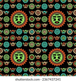 Aztec geometric background with fantastic human figures, head-masks, birds. Ethnic seamless pattern. Stylish Navajo design. Modern abstract wallpaper. Vector illustration
