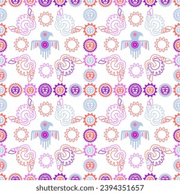 Aztec geometric background with fantastic human figures, head-masks, birds. Ethnic seamless pattern. Stylish Navajo design. Modern abstract wallpaper. Vector illustration
