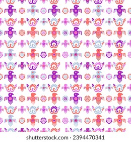 Aztec geometric background with fantastic human figures, head-masks, birds. Ethnic seamless pattern. Stylish Navajo design. Modern abstract wallpaper. Vector illustration
