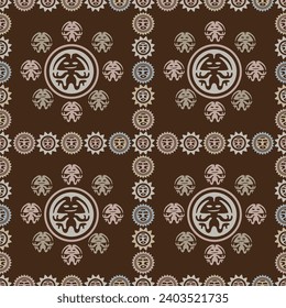 Aztec geometric background with fantastic human figures, head-masks, birds. Ethnic seamless pattern. Stylish Navajo design. Modern abstract wallpaper. Vector illustration

