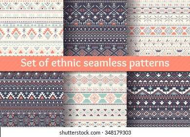 Aztec geometric backgrounds. Set of six ethnic seamless patterns. Stylish navajo design. Modern handmade abstract wallpaper. Vector illustration.