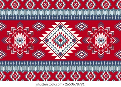 Étnica Étnica Asteca Padrão Sem Costura Tribal Motivo Abstrato Azul Branco sobre Fundo Vermelho Design para fundo, tapete, papel de parede, envoltório, pano, tecido, têxtil, decorativo, estilo de bordado