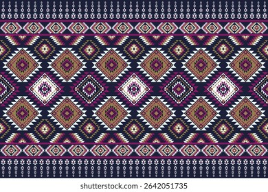 Aztec Geometric Ethnic Traditional Native Seamless Pattern Tribal Pink Yellow on Navy Blue Background Design for background, rug, wallpaper, wrapping, cloth, fabric, textile, decorative, embroidery