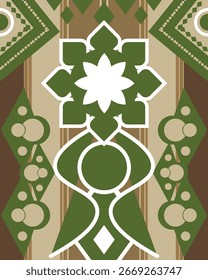 Aztekisches geometrisches Poster in Waldoliven mit Nomadensand und Steintönen, das die ruhige Stammesnatur widerspiegelt. Vektorgrafik mit hoher Auflösung.