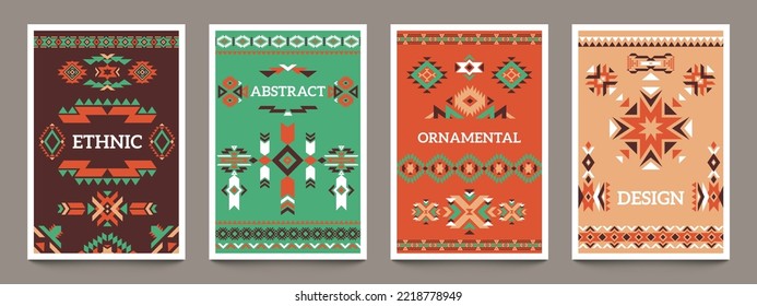 Afiches geométricos aztecos. Ornamento étnico de la tribu mexicana, antiguo diseño abstracto indio para la impresión de portada de tarjetas. Conjunto vectorial moderno decorado con elementos nativos americanos, símbolos coloridos