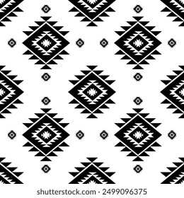 Aztec geometric seamless ethnic pattern. Tribal traditional ornament motif design for textile. Black and white colors.