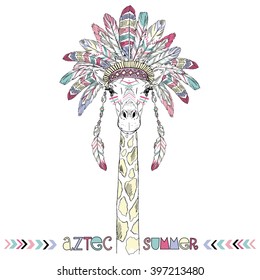 Aztec giraffe, summer art print, animal illustration