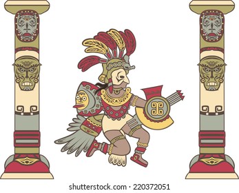 Aztec god between columns, colored illustration