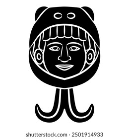 Aztec god Ehecatl. Human head in helmet. Indian warrior. Indigenous Native American art. Black and white  silhouette.