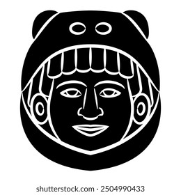 Aztec god Ehecatl. Human head in animal helmet. Indian warrior. Indigenous Native American art. Black and white silhouette.