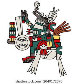 dios azteca. Fantástico carácter mitológico con los ojos vendados. Arte indígena americano del códice mexicano. 