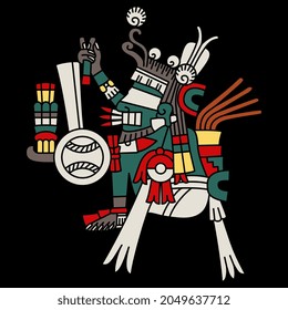 dios azteca. Fantástico carácter mitológico con los ojos vendados. Arte indígena americano del códice mexicano. Sobre fondo negro.