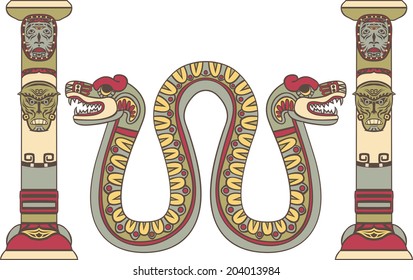 Aztec god as a snake between columns, colored illustration