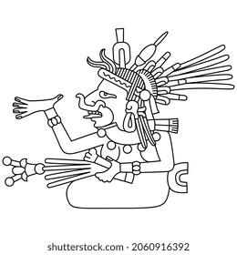 Diosa azteca. Arte nativo americano del códice mexicano. Mitología indígena. Silueta lineal blanca y negra.