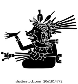 Diosa azteca. Arte nativo americano del códice mexicano. Mitología indígena. Silueta negativa en blanco y negro.