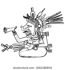 Diosa azteca. Arte nativo americano del códice mexicano. Mitología indígena. Esbozo en bruto de doodle lineal dibujado a mano. Silueta negra de fondo blanco.