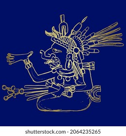 Diosa azteca. Arte nativo americano del códice mexicano. Mitología indígena. Esbozo en bruto de doodle lineal dibujado a mano. Silueta dorada amarilla sobre fondo azul.