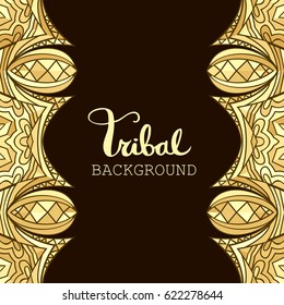 Aztec gold tribal background. Abstract borders with ethnic pattern. Fancy ornament in golden colors. Boho style. Copy space. Card, invitation or poster template. Vector illustration.