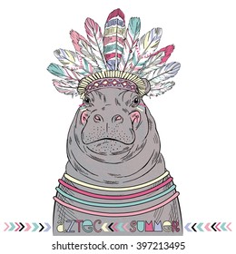 aztec hippo, summer art print, animal illustration