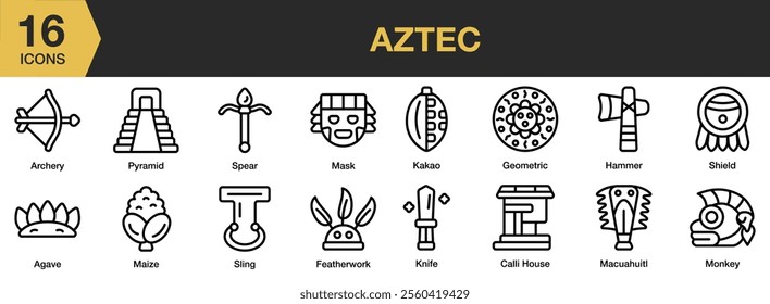 Aztec icon set. Includes mask, kakao, hammer, shield, knife, sling, and More. Outline icons vector collection.