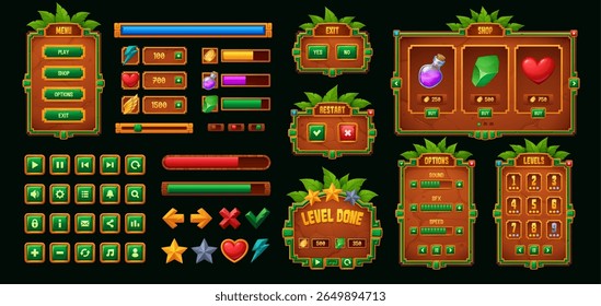 Aztec Inca Maya Mexicano interface de interface de interface de jogo e elementos de botão ativo. Cartoon vetor selva e aventura tropical ou jogo de plataforma deslizantes de jogo gui, menus de nível e ícones, corações, poções, gemas, estrelas