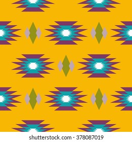 Aztec indian geometric seamless pattern. Tribal blue and mustard yellow fabric design with geometry shape elements.
