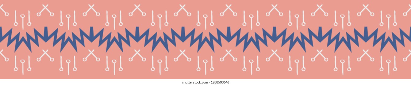 Aztec inspired seamless repeating border in coral pink, blue and white. Bold and energetic jagged stripes alternate with simple symbols. For textiles, stationery, ribbons and edging. Vector.