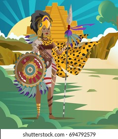 aztec jaguar female warrior near lake pyramid temple