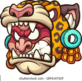 Aztec Jaguar warrior with angry face cartoon. Vector clip art illustration with simple gradients. All on a single layer.
