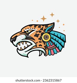 Aztec Jaguar warrior with angry face cartoon. jaguar aztec quetzal art