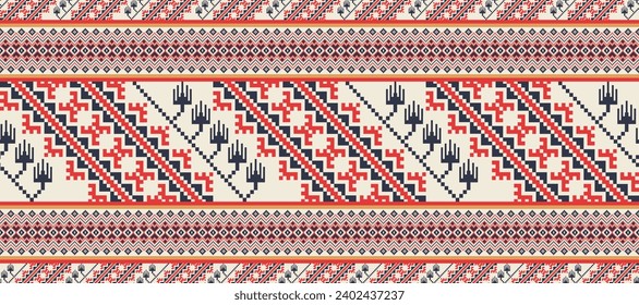 Aztec Kilim geometrisches Stickmuster. Geometrische Vektor Aztec Geometrie nahtlose Muster Pixel Art Stil. Ethnische geometrische Muster für Stoffe, Textilien, Dekorationselemente, Polstermöbel usw.