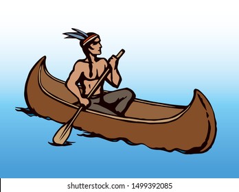 Aztec male leisure drift on white pond text space. Outline black hand drawn ethnic west usa red apache human maya oarsman outdoor logo. Pictogram emblem label design in retro art doodle cartoon style
