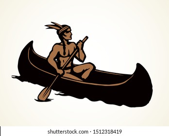 Aztec male leisure drift on white pond text space. Outline black hand drawn ethnic west usa red apache human maya oarsman outdoor logo. Pictogram emblem label design in retro art doodle cartoon style