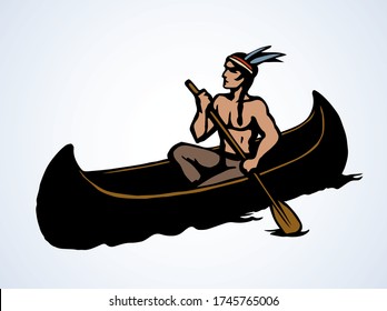 Aztec male leisure drift on white pond text space. Outline black hand drawn ethnic west usa red apache human maya oarsman outdoor logo. Pictogram emblem label design in retro art doodle cartoon style