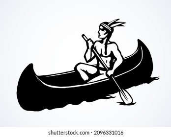 Aztec male leisure drift on white pond text space. Outline black hand drawn ethnic west usa red apache human maya oarsman outdoor logo. Pictogram emblem label design in retro art doodle cartoon style