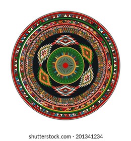 Aztec mandala, round geometric motif against white background