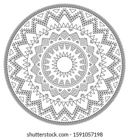 Aztec mandala vector design with stroke - perfect for adult coloring books, Aztec geometeric pattern.
 Vector round pattern in black and white isolated on white, bohemian mandala template decoration
 