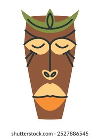 Aztec mask with green crown. Design element in linear flat style.