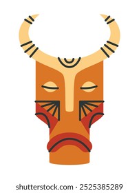 Aztekenmaske mit Hörnern. Gestaltungselement im linearen flachen Stil.