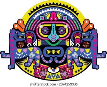 Aztec Mask Mayan American Mexican Vector Design in Popart Style