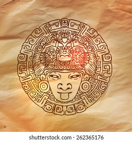 Aztec mask, vector illustration in vintage style over old paper