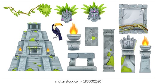 Aztec maya ancient culture set, vector cartoon totem tribal elements, ancient pyramid, stone sign board. Archaeological old civilization altar, toucan, boulder column, tiki mask. Aztec culture symbols
