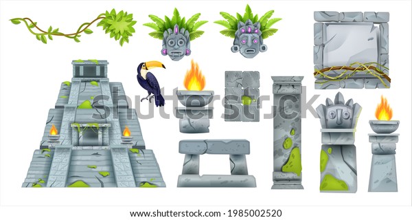 Aztec maya ancient culture set, vector cartoon\
totem tribal elements, ancient pyramid, stone sign board.\
Archaeological old civilization altar, toucan, boulder column, tiki\
mask. Aztec culture\
symbols