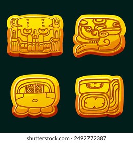 Aztec Maya civilization- Akbal, face, Mayan Glyph, hieroglyphs of the Maya calendar. Golden symbols for your 2D game or slots games